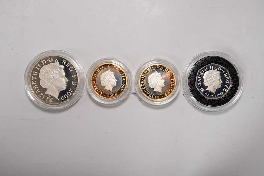 British coins, QEII Royal Mint, 2009 UK silver proof piedfort four coin collection, including the scarce Kew Gardens 50p, in case of issue with certificate